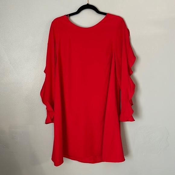 CeCe Ruffle Long Sleeve Shift Mini Dress Size 8 Radiant Red - Picture 2 of 6